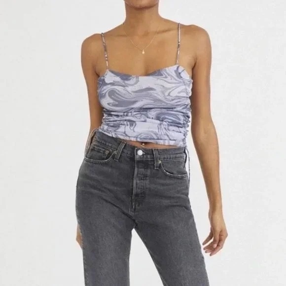 NWT Urban Outfitters Tasmin Mesh Grey Psychedelic Ruched Cropped Cami Top Size S - Picture 2 of 6
